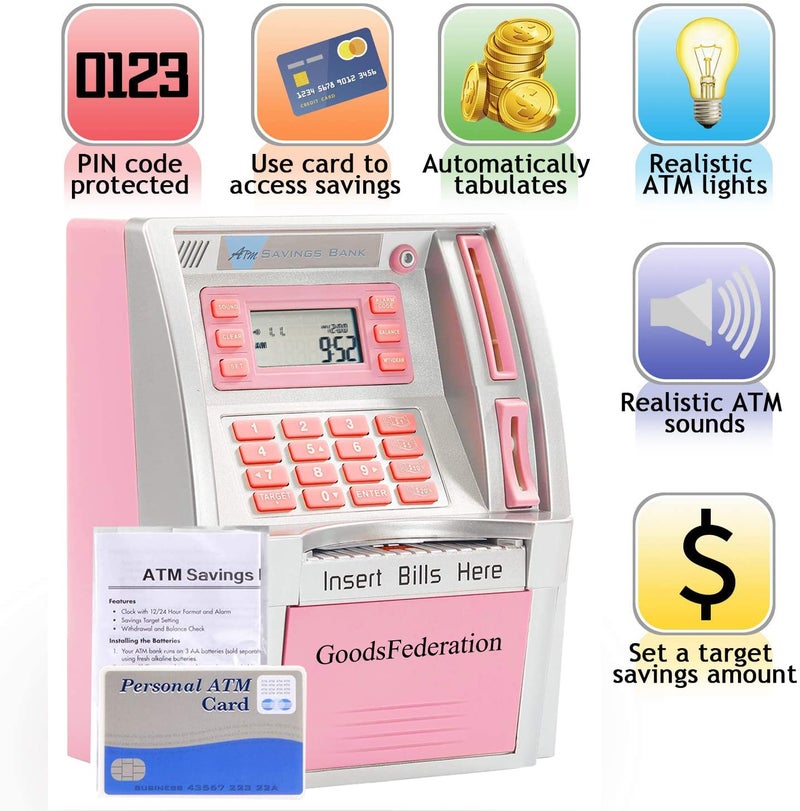 GoodsFederation ATM Piggy Bank for Real Money for Kids Adults,Toy Money Bank with Card,Password,Coin Recognition,Bill Feeder,Balance Calculator,Electronic Money Safe Coin Box,Hot Gift for Boys Girls - Image 2
